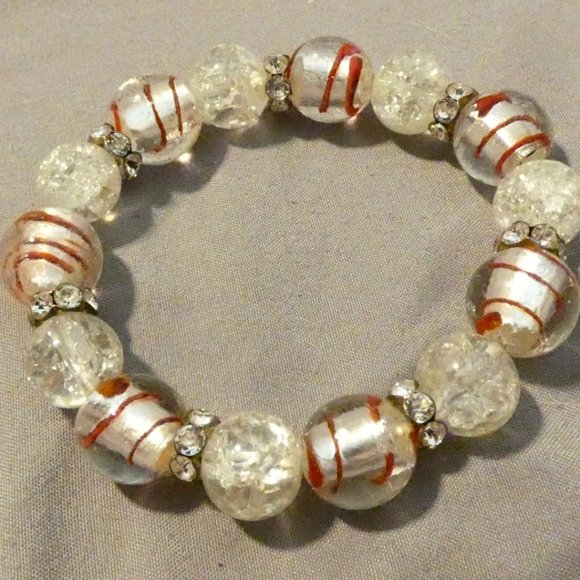 Foil Glass Bracelet Stretch Rhinestones, Silver Brown, Holiday - Picture 4 of 5